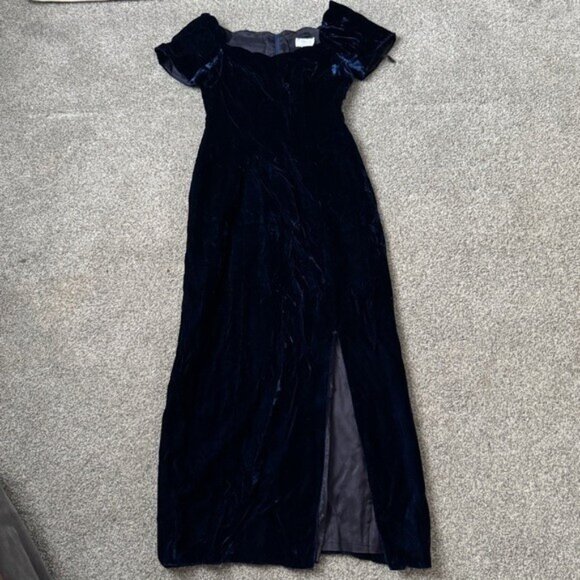 Williams Dark Blue Lined Velvet Maxi Dress with Slit Plunging Scallop Neckline S - Picture 15 of 16